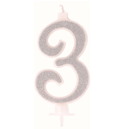 Candelina  glitter n.3 argento cm 9.5 art.504  1 pz