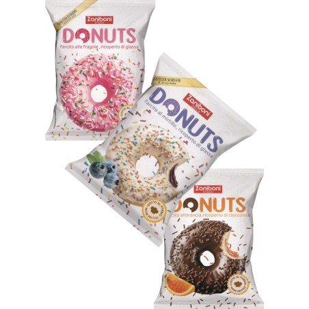 Donut assortito fragola + cioccolato.arancia+ mirtillo  60 gr x 18 pz