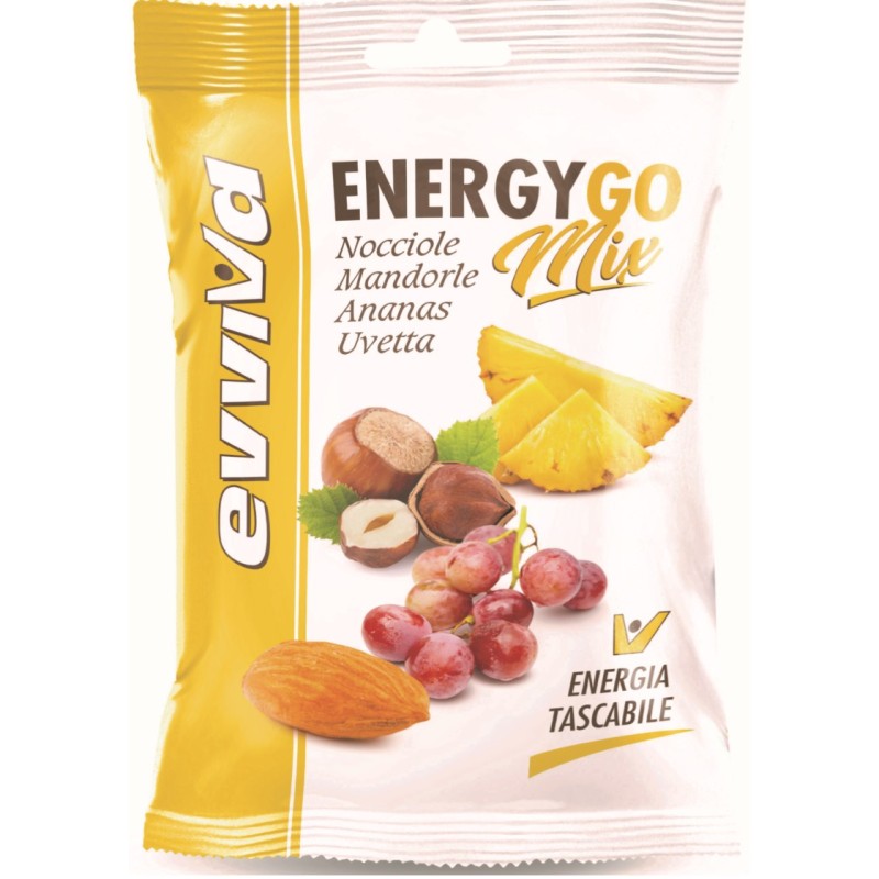 Energygo mix di nocciole, mandorle, ananas e uvetta evviva  gr 25 x24 pz
