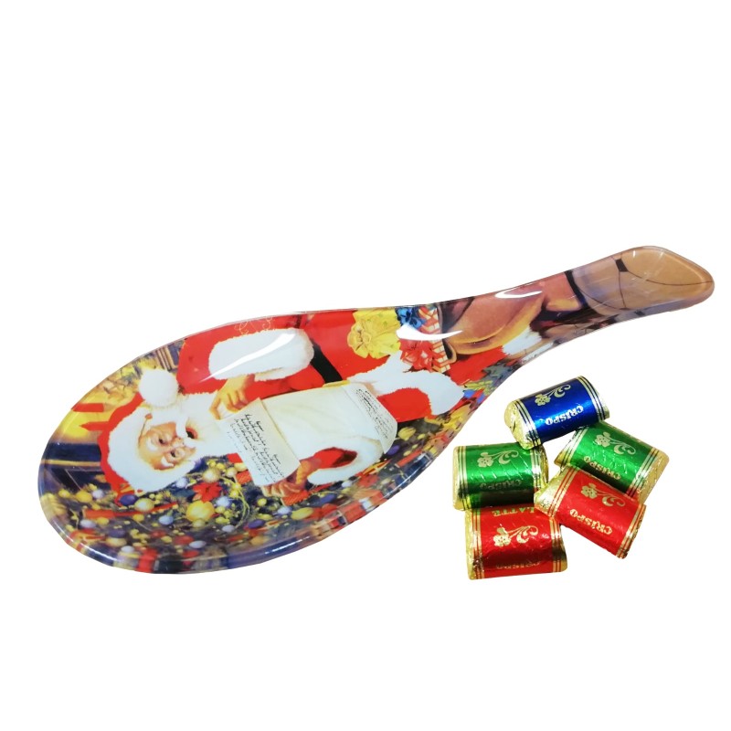 POGGIAMESTOLO IN VETRO NATALIZIO CM 24 + CIOCCOLATINI ASSORTITI 50 GR    1 PZ