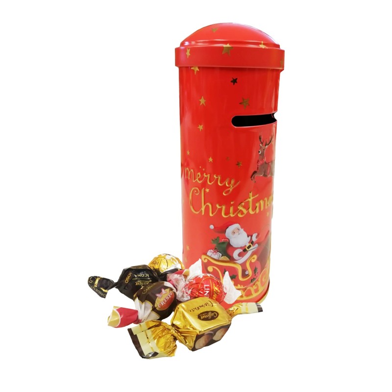 SALVADANAIO NATALIZIO IN LATTA ROSSO + CIOCCOLATINI ASSORTITI 50 GR   1 PZ