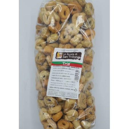 TARALLI TRIS  CLASSICO,POMODORO,BASILICO  IN BUSTA GR 1000 1 PZ