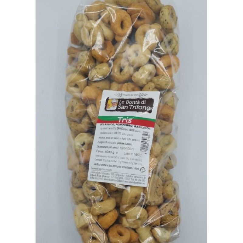 TARALLI TRIS  CLASSICO,POMODORO,BASILICO  IN BUSTA GR 1000 1 PZ