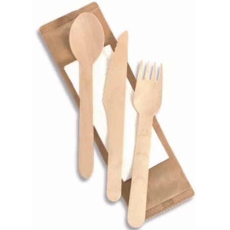 TRIS  POSATE IN LEGNO DI BETULLA + TOVAGLIOLO 3 VELI  50 PZ