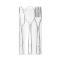 Tris posate + tovagliolo 1 velo  33x33 riutilizzabile trasparente  50 pz