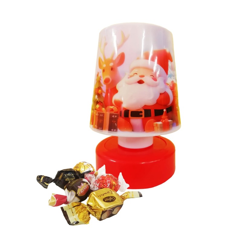 LAMPADA MINI NATALIZIA  DA TAVOLO C/LUCE + CIOCCOLATINI ASSORTITI 50 GR  1 PZ