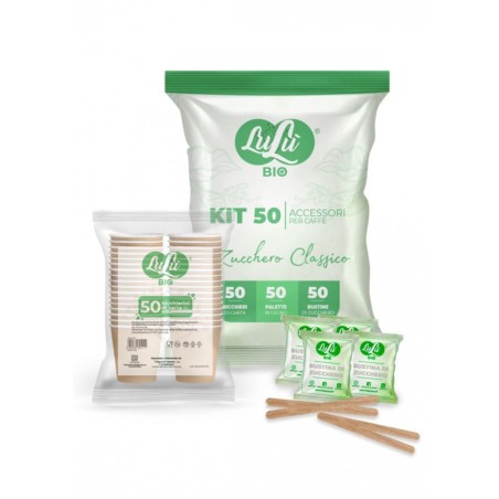 Kit accessori caffe' 50 bicchieri+50 palette+50 zucchero  150 pz